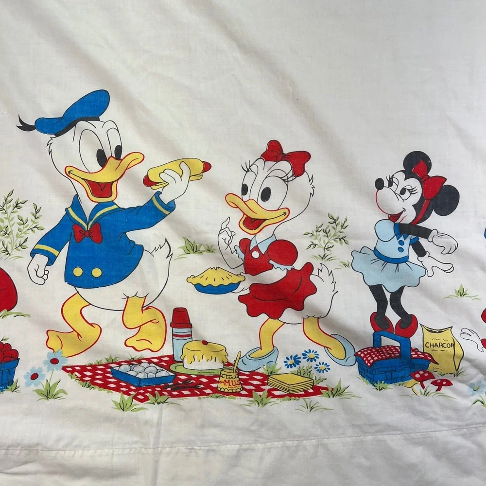VTG 70s Walt Disney Mickey Mouse and Friends Picnic Twin Flat Sheet READ